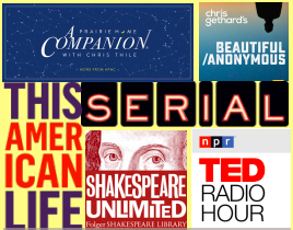  The colorful logos of podcast and radio shows beloved by the featured students in this article.