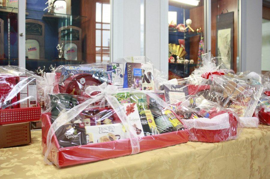 Baskets of snacks and prizes for the silent auction.