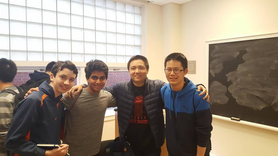The Quizbowl A team takes a picture after winning the competition. (Left to right) Alex Howe, Rohan Hegde, Fred Zhang, and Grant Li