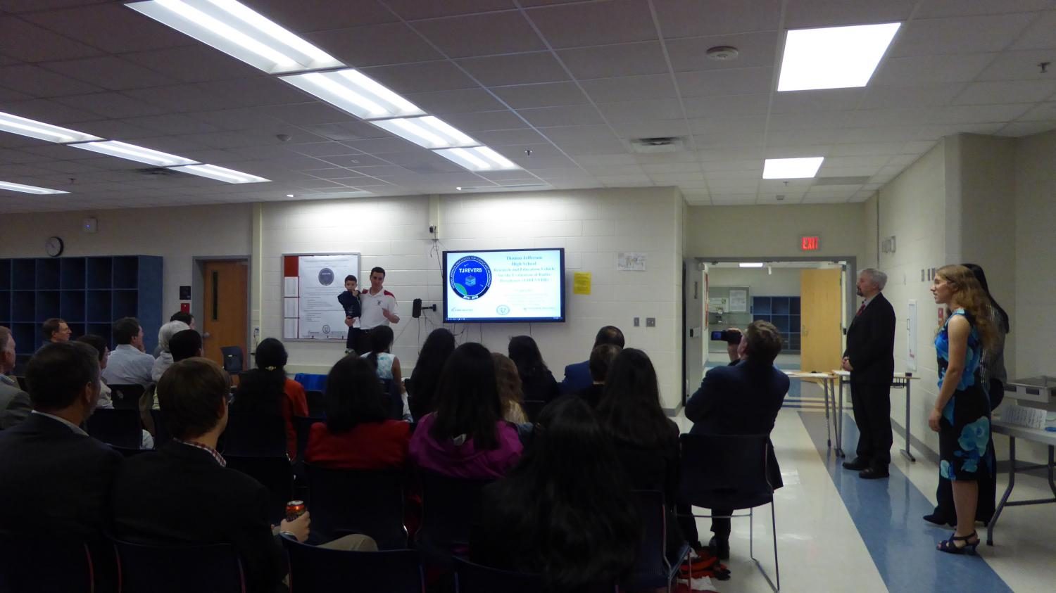 Photo courtesy of Diana Zavela. Principal Evan Glazer introduces the CubeSat project at the team’s kick-off event. The event took place on April 22. 