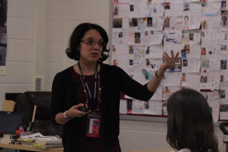 English teacher Suzette Henry talks to 2021 students and parents about humanity courses.