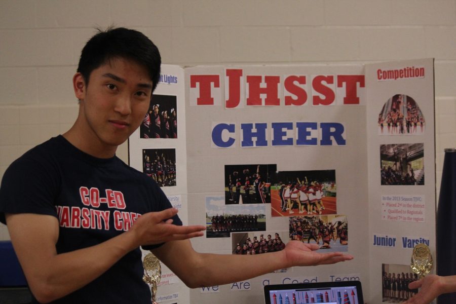 Senior Samuel Liu promotes the cheer team.