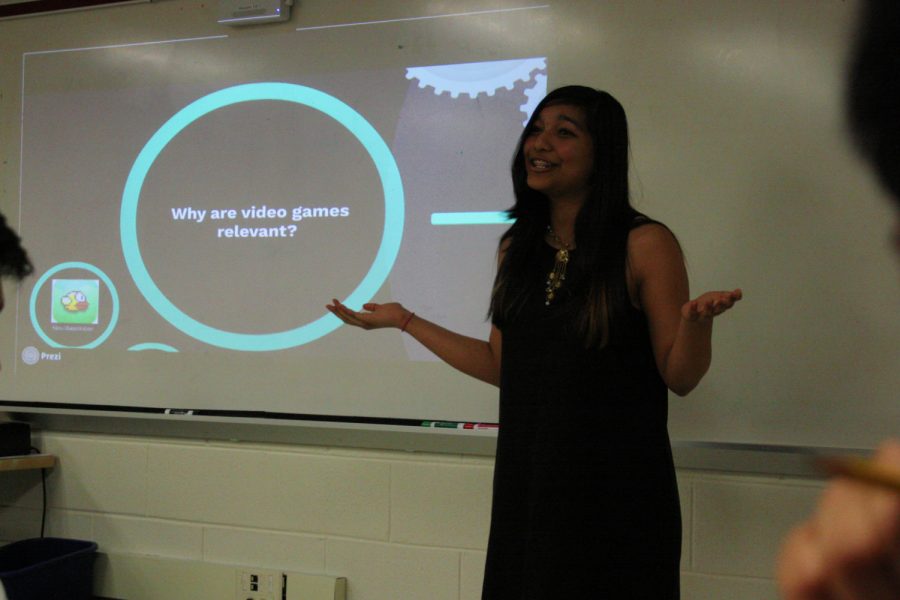 Freshman Medha Gupta presents about how video games relate to real life.