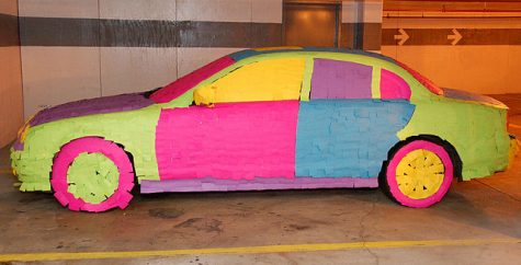 A car was completely covered in sticky notes as an April Fools prank, a common prank to pull on co-workers or employees.

Photo Courtesy of Wikimedia Commons