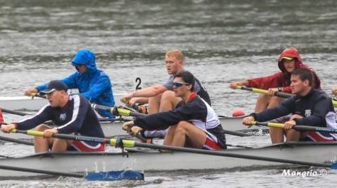 TJ Men's Crew rows through rainy waters at the Ted Phoenix Regatta on April 22nd. Photo courtesy of Sam Mangrio.