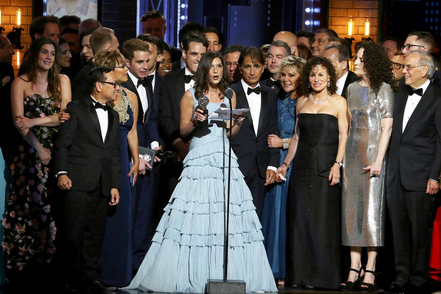 The cast and crew of Dear Evan Hansen after winning best musical at the 71st annual Tony Awards