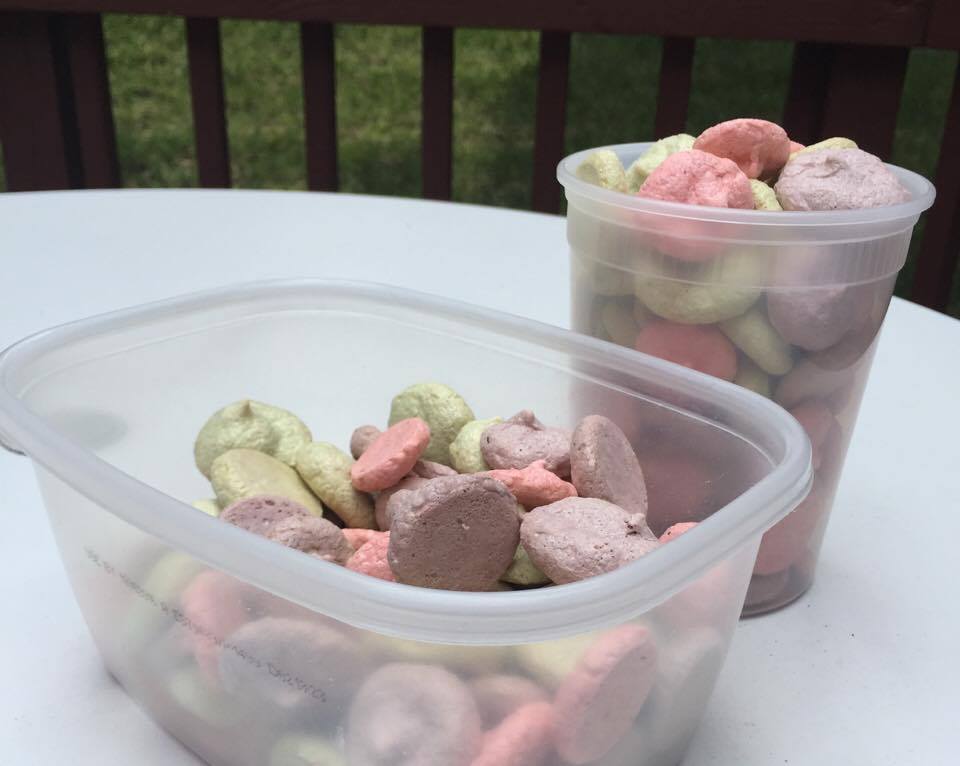 Pink, purple, and green meringue cookies