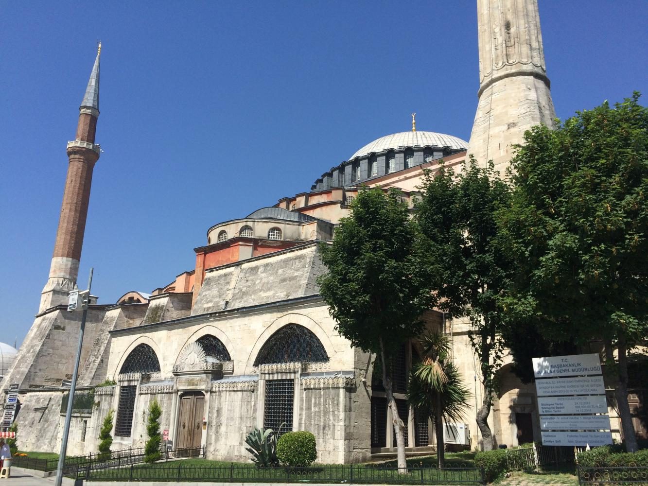 The outside of the Hagia Sophia, the third basilica at the site. Remnants of the second basilica can still be seen by the entrance of the church-turned-mosque-turned museum.  
