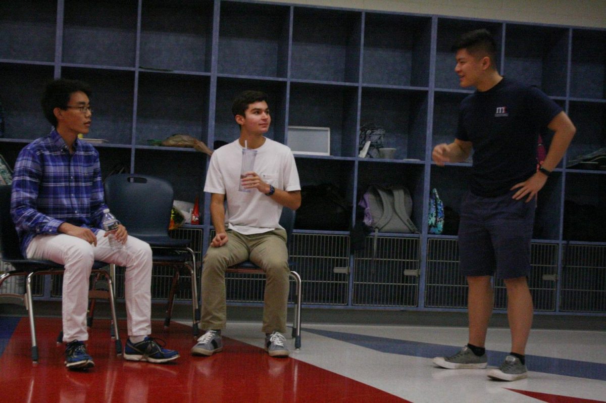 From left to right: Seniors Will Sun, Nick Begotka, and Justin Zhou reenact a scene from "Silicon Valley."