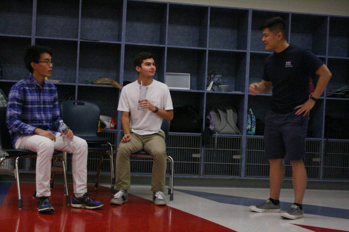 From left to right: Seniors Will Sun, Nick Begotka, and Justin Zhou reenact a scene from Silicon Valley.