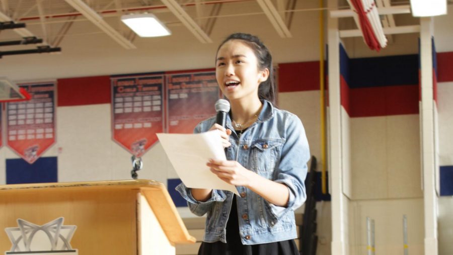 Talking about how the class unity can help raise awareness and funds for activities as well as charities, Treasurer - elect Tiffany Ji gives her campaign speech. “What I’ve learned during my involvement with homecoming has taught me the power and importance in unity...imagine what we could raise in all four years here at TJ,” Ji said.
