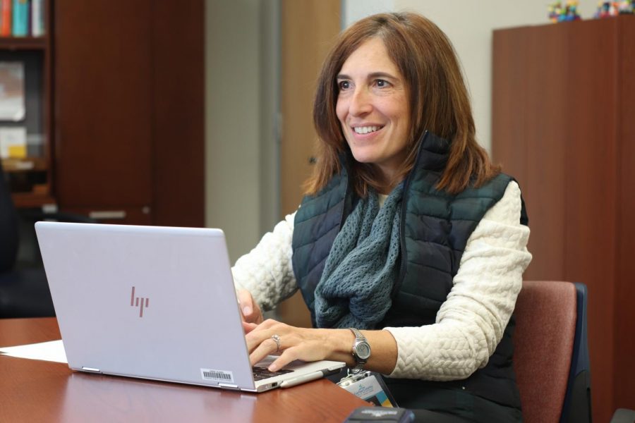 Typing notes onto her laptop, principal Ann Bonitatibus listens in on what participants are saying about their views on how decisions are made at Jefferson. Bonitatibus instituted Colonial Quests as a more direct way to talk to the principal after receiving feedback from  student councils and the Student Government Association (SGA). Colonial Quests provide another channel for voicing student opinions. "As students get to know me more and perhaps see results of some of those, I’m hoping that more people will take the opportunity to participate," Bonitatibus said.