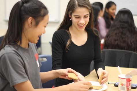 Working together, freshman Rose Du and junior Reilly McBride make a gingerbread house and at the same time helping those who need it. 