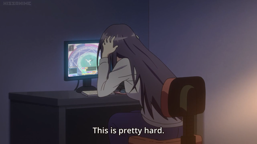 Screenshot taken from the anime "Recovery of an MMO Junkie". Protagonist complains about the difficulties of tackling dungeons as a beginner.