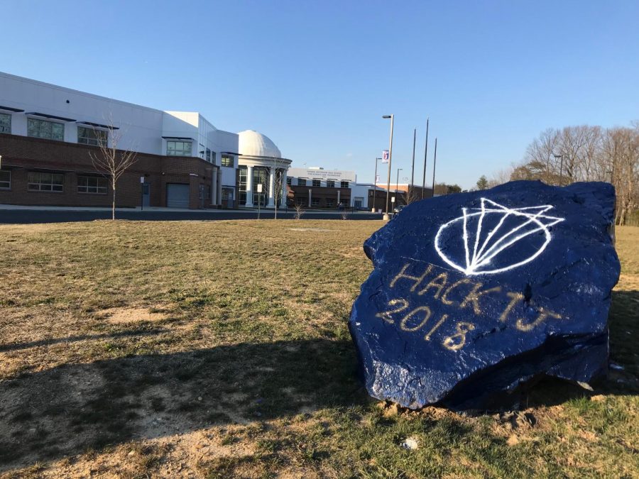 Placed+in+front+of+Jefferson%2C+a+boulder+was+painted+by+Jefferson+students%2C+which+also+included+Jeffersons+logo%2C+for+the+HackTJ+event.