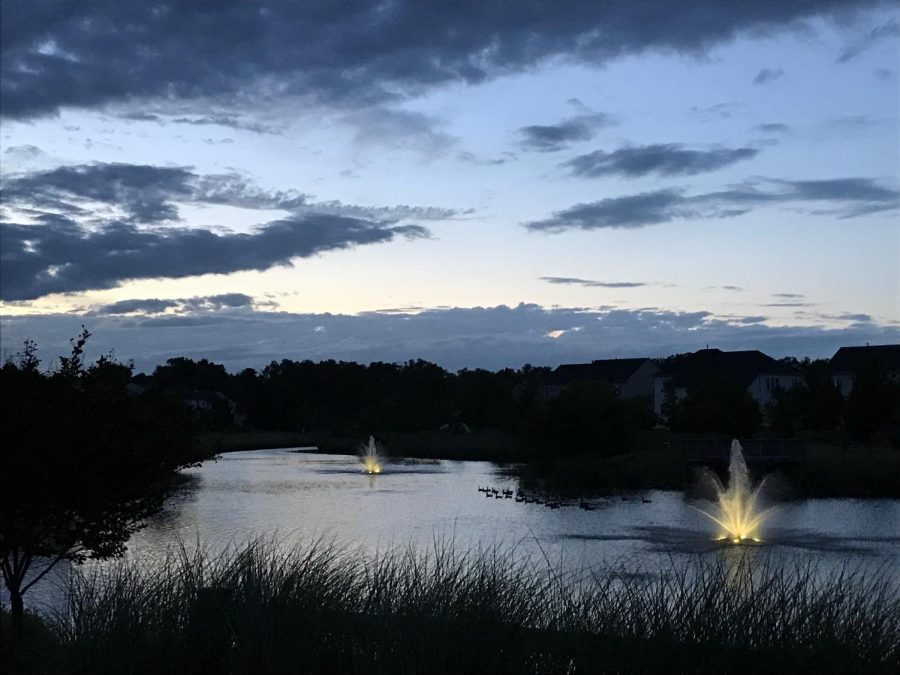 This+is+a+picture+I+took+of+the+pond+in+the+evening+on+June+23%2C+2017.+The+fountains+light+up%2C+and+a+group+of+geese+swim+across+the+water.