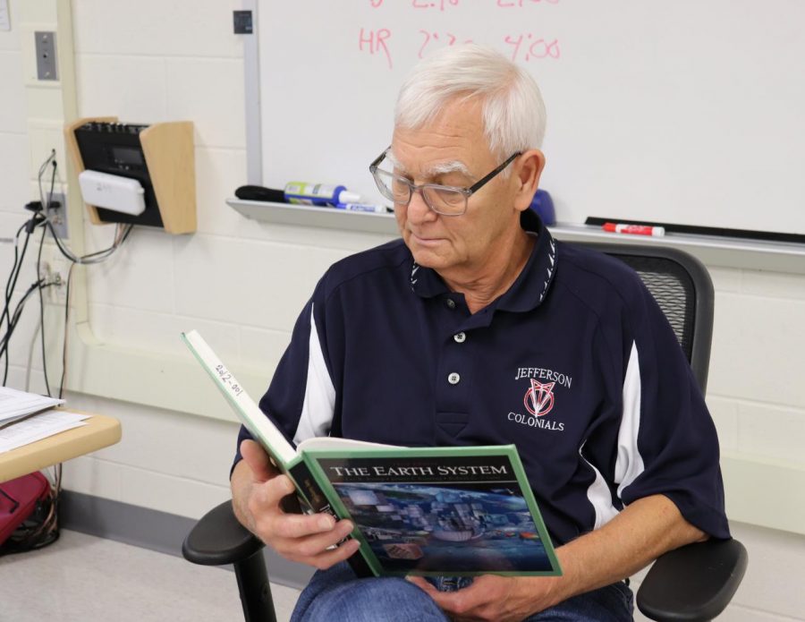For his current role as a long-term geosystems substitute, retired Jefferson physics teacher James Rose refers to resources such as the textbook to better prepare for each day of class.