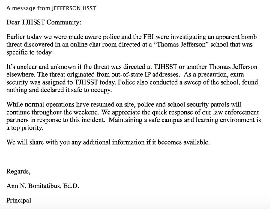 Principal+Dr.+Ann+Bonitatibus+sends+an+email+to+students+and+their+parents+updating+on+the+status+of+the+bomb+threat.+Students+were+forced+to+evacuate+and+abandon+their+extracurricular+activities+as+law+enforcement+personnel+entered+and+secured+the+building.+