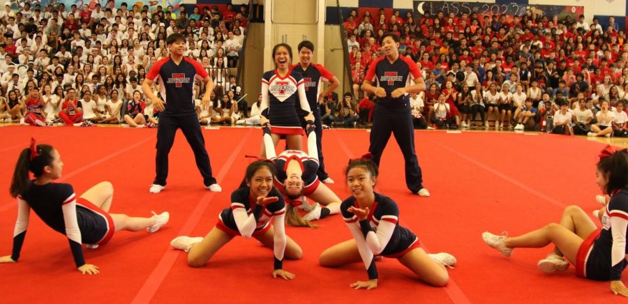 The+Jefferson+Varsity+cheerleading+team+at+the+final+homecoming+pep+rally+of+2018.+Photo+courtesy+of+Jiny+Cho.%0A