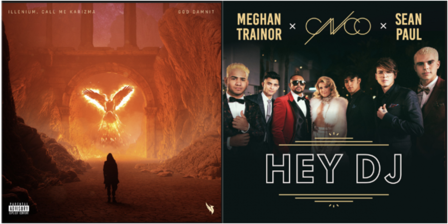 The album covers for “God Damnit” by Illenium featuring Call Me Karizma and “Hey DJ” by CNCO featuring Meghan Trainor and Sean Paul