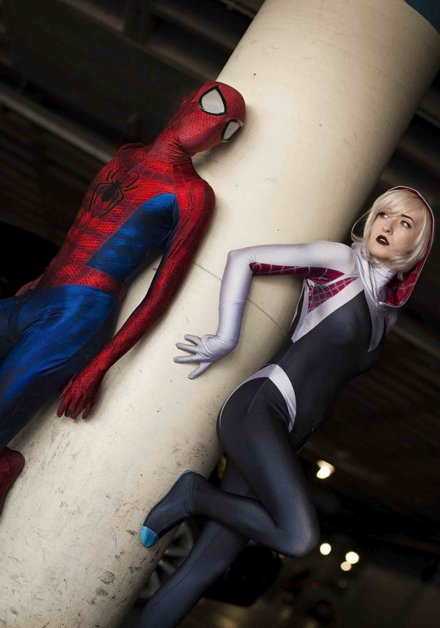 Spider-Man+and+Spider-Gwen%2C+also+known+as+Spider-Woman%2C+stand+side+by+side+ready+to+take+on+the+world%2C+bringing+about+diversity+as+a+woman+behind+the+mask.+