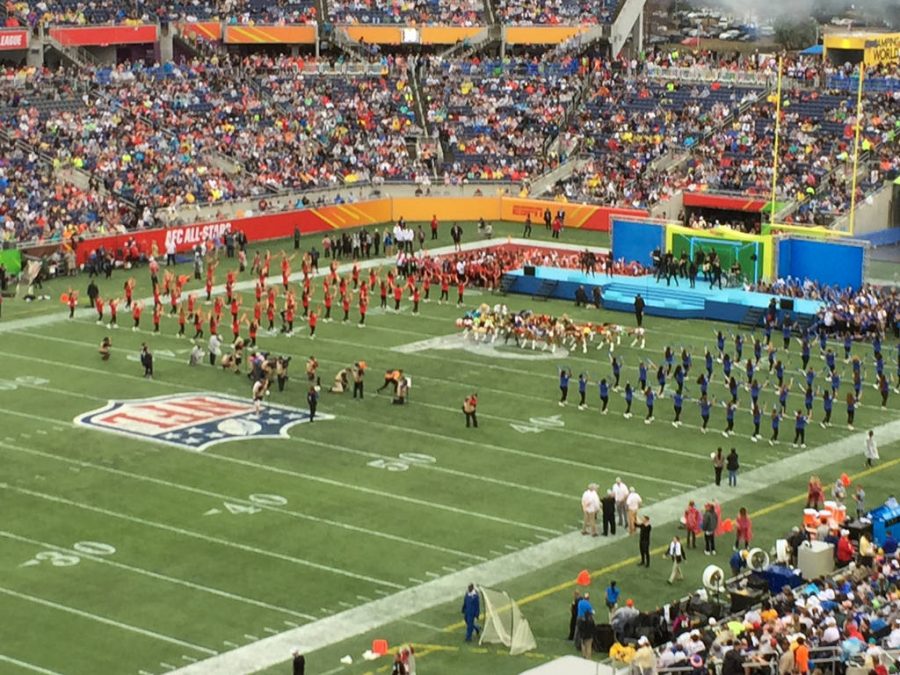 Players at the Pro Bowl line up on the field before the game