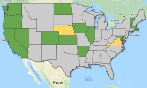 Currently, the 14 states highlighted in green have passed a “New Voices” law providing explicit free speech protection for school publications. Campaigns to pass this law are underway in Virginia and Nebraska, denoted by their yellow shading.