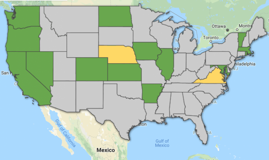 Currently%2C+the+14+states+highlighted+in+green+have+passed+a+%E2%80%9CNew+Voices%E2%80%9D+law+providing+explicit+free+speech+protection+for+school+publications.+Campaigns+to+pass+this+law+are+underway+in+Virginia+and+Nebraska%2C+denoted+by+their+yellow+shading.