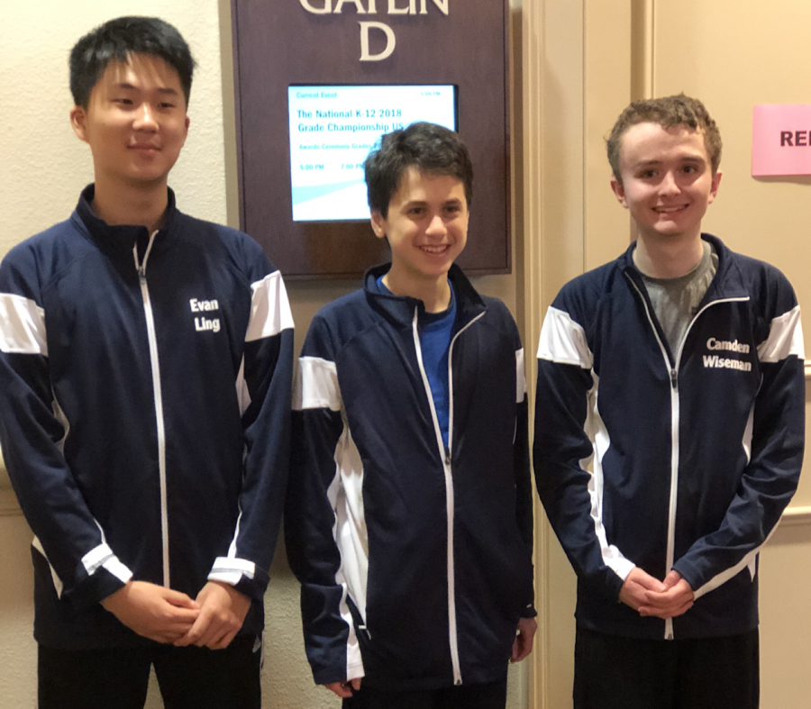 Left to Right: Evan Ling, Garrett Heller, Camden Wiseman representing Jefferson at the 2018 National Scholastic K-12 Championship. Photo courtesy of the Jefferson chess team.