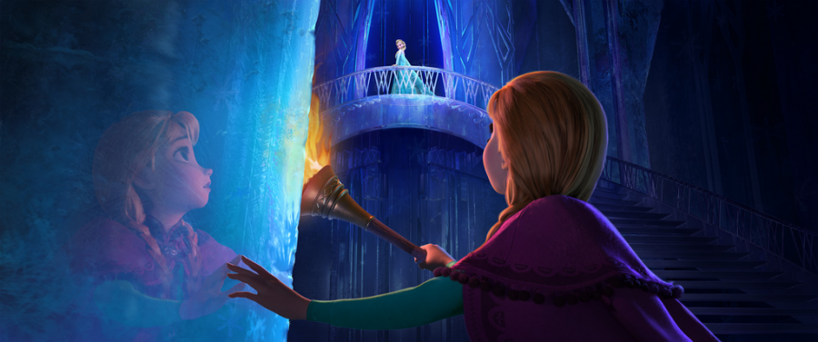 In a scene from Frozen Ana watches her sister Elsa standing alone in her ice castle.