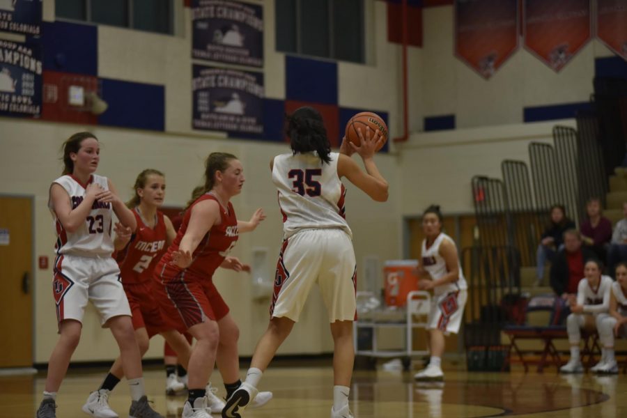 Senior Sami Kale looks around the court to pass the ball as freshman Erin Brodnik blocks a defender charging towards Kale. Though girls varsity basketball team lost against McLean High School 49-59, they finished the season with a successful record of 17 wins and nine losses. Like the girls varsity basketball team, the freshman team also ended their season with a successful run with 12 wins and only four losses. 