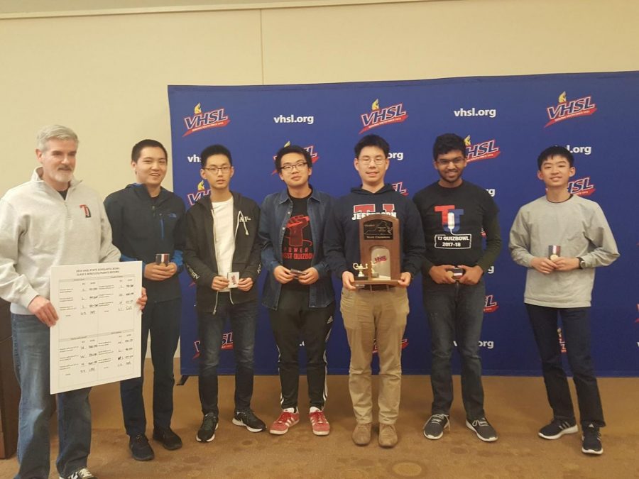 From left to right: club sponsor John Laffey, captain Fred Zhang, James Kuang, Ben Xu, William Wang, Prithvi Nathan, and Joshua Liang. Jefferson’s Scholastic Bowl Team stands with their trophy and medals. 