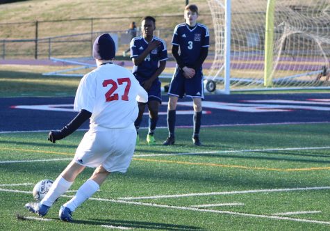 Moments before kicking the ball in a free kick just 20 yards away from the net, defender Todd Ritter runs up to the ball hoping to double Jefferson’s lead after midfielder David Xiang score on a cross to tie up the game 1-1. 
