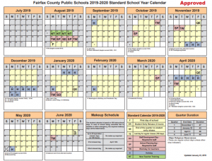 The Fairfax County Public School 2019 - 2020 calendar.
