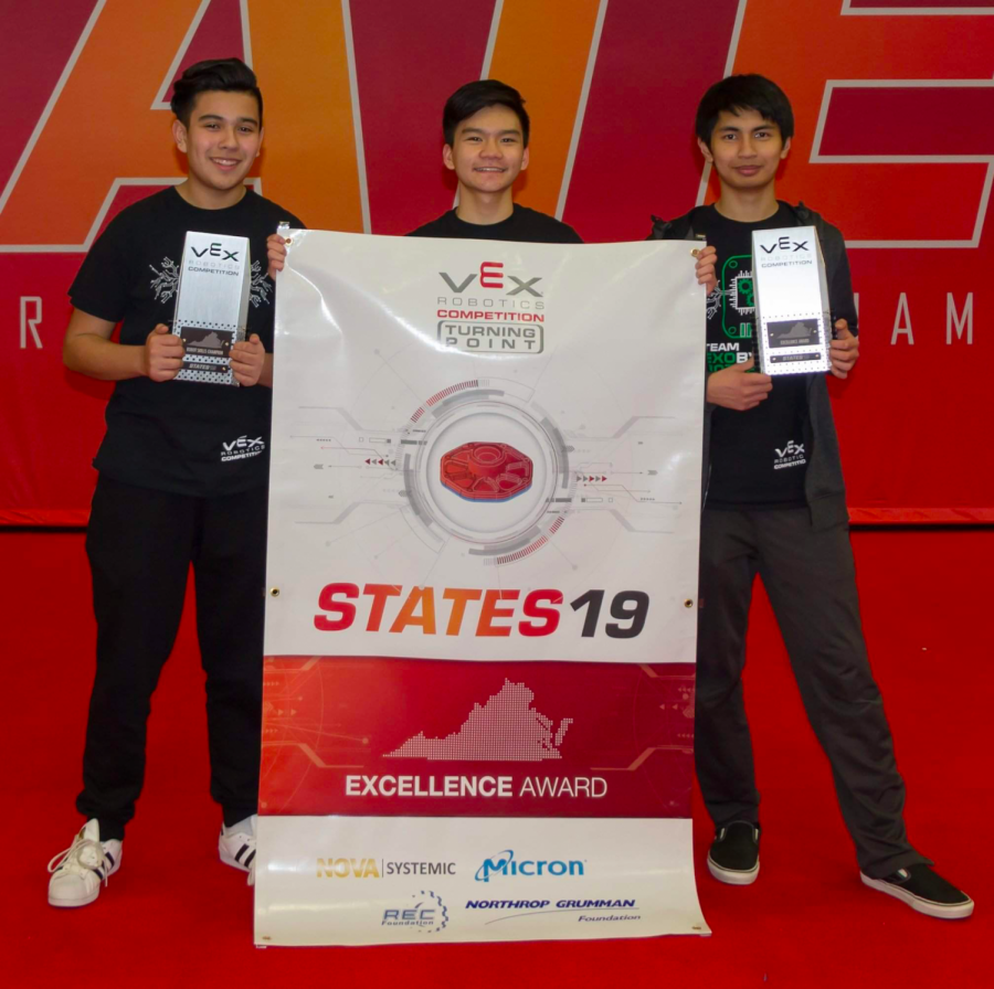 From left to right: Freshmen Christopher Arraya, Joshua Lim, and Terrel Tan. The team won both both the Excellence Award and the Robot Skills Champion award at the VEX Robotics State competition, on March 1. Photo courtesy of Joshua Lim.