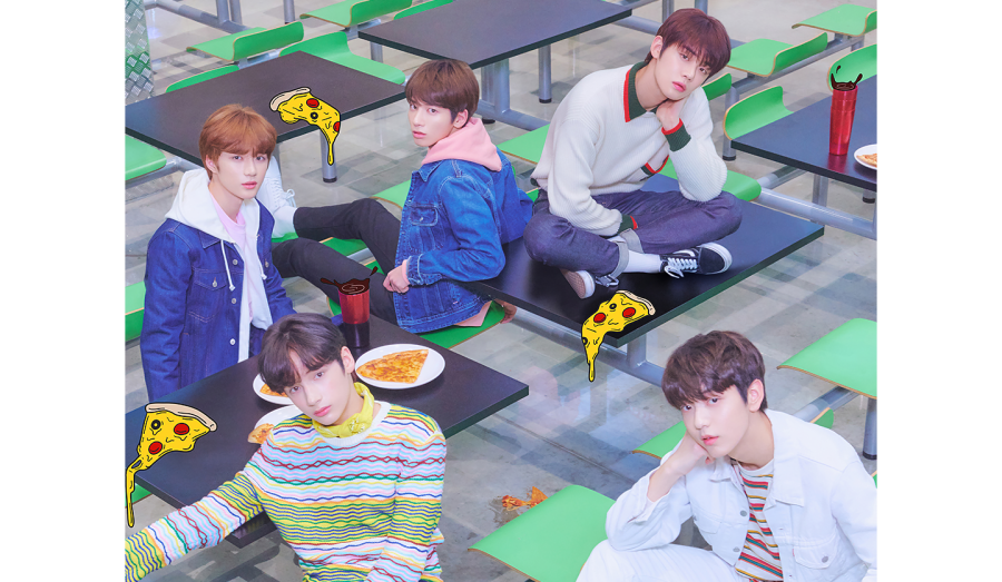 The members of TXT pose in a concept photo highlighting their youthful image. Photo from BigHit Entertainment.