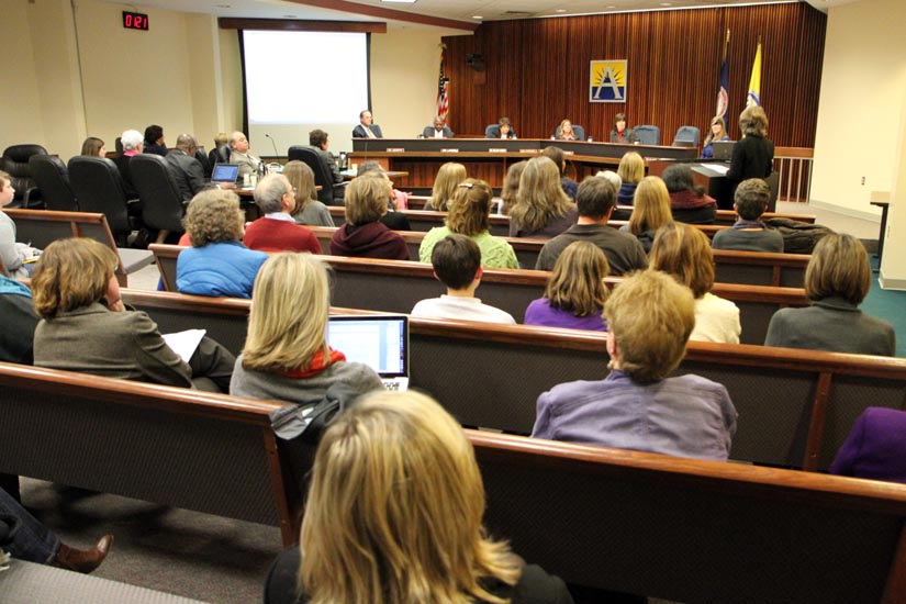 Parents listen to a school board public hearing on block scheduling. On March 28, a public hearing was held to discuss the proposed budget for the 2019-20 school year.