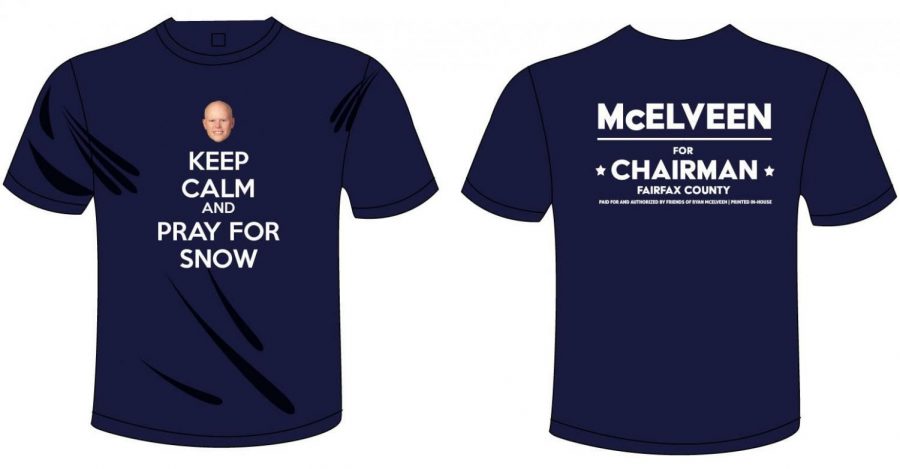A part of Ryan McElveen's campaign for school board chairman of FCPS includes selling shirts that call back to his famous reputation for announcing snow days and delays.