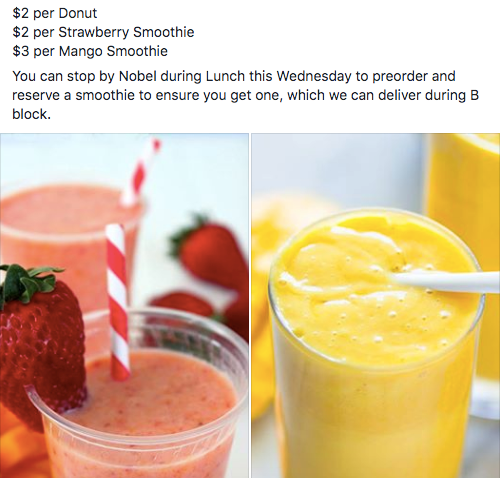 A screenshot of a Facebook post advertising the smoothie sale.