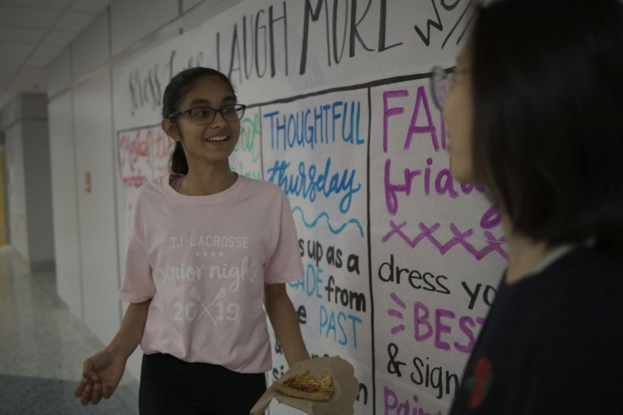 Freshman Varshini Subramanian talks with Freshman Catherine Pak about what they thought of Stress Less, Laugh More Week. "It could have been implemented better." Varshini said. "I think more people knew about the event as the week progressed, but it would have been more fun if there were more people."