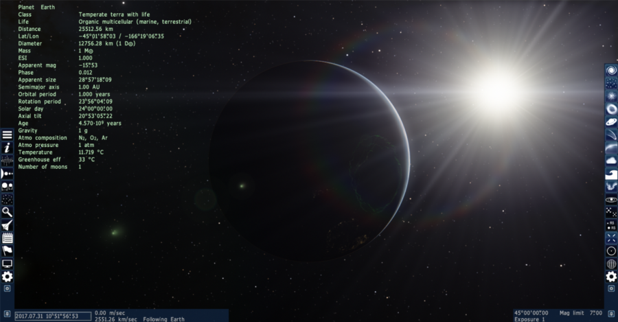 Earth and the Sun, as well as the game's GUI are shown in this SpaceEngine screenshot. SpaceEngine, although not as renowned as some games, provides an opportunity to explore the universe.