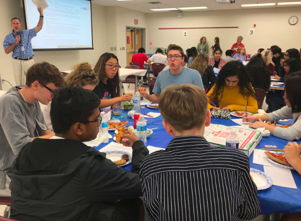 Jefferson students get time to know some of the exchange students. The RANEPA students had just arrived at the school for the welcome luncheon. The Jefferson students paired up with one RANEPA student to attend class with before they began their research project. 
