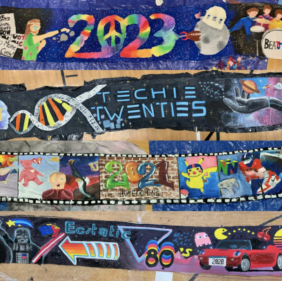 The four decade-themed banners were painted and finished during two eighth-period blocks.