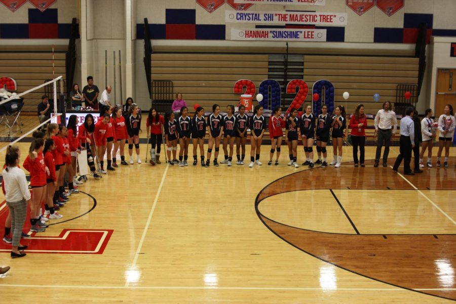 Before the match, the Varsity and JV volleyball teams line up to thank the seniors players for their commitment and dedication throughout the season. Overall playing volleyball has been a very uplifting experience and I would definitely do it all over again,” senior captain Andra Velea said. Velea has played volleyball for Jefferson for all four years of highschool. 
