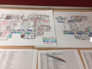 In order to keep track of where everyone is going to be in the building on the PSAT day, Jefferson testing coordinator Leslie Barnhart uses color-coded maps. “Each IBET has its own little flavor to it,” Barnhart said. “I know they’re going to be all over the building.”