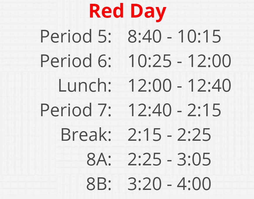 This year, in order to give clubs enough time to hold bake sales, break has been reduced by 5 minutes