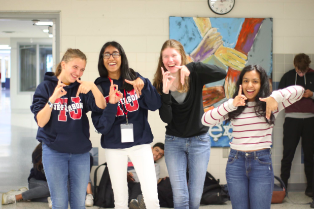 German exchange students having fun while teaching German culture to Jefferson students, Celia Vander Ploeg Fallon (second from left) and Nimisha Panabakam (far right). "Everything in America was so different yet super fun, and I will definitely take back a lot with me to Germany," exchange student Elena Zachariades said.
