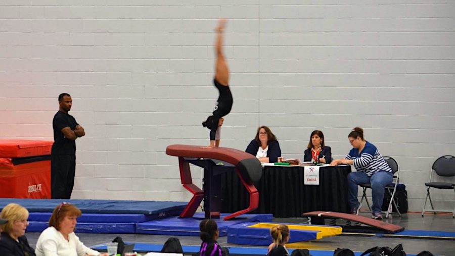 Echano does a front handspring on vault. “On vault, I am doing a new, different skill than when I was competing in club. And the one I do now scores higher, so that's cool,” Echano said.
