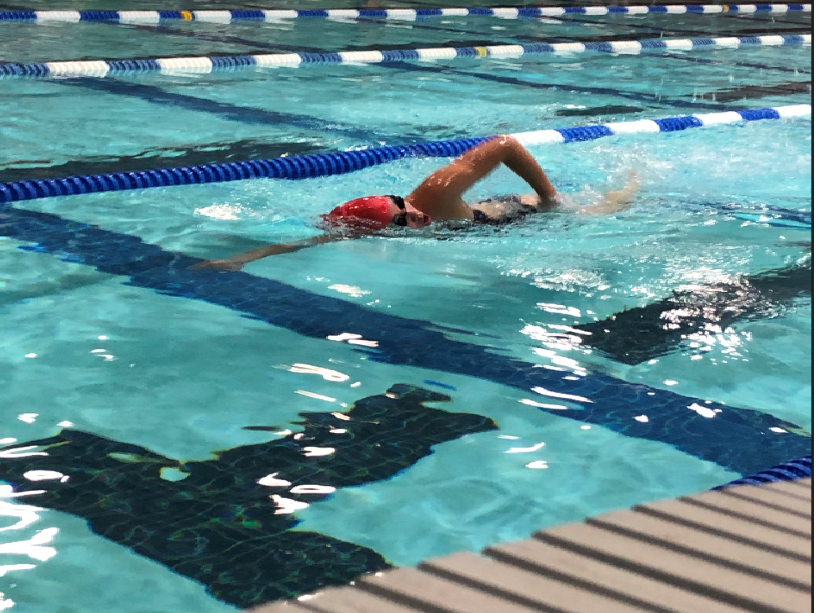 Sophomore Megan Yu does practice laps in the pool at the Audrey Moore RECenter during the Jefferson vs. Justice High swim meet on Friday, Dec. 20.  Each swimmer attempted to push themselves out of their comfort zone at this meet. “Since it’s class warfare, where every single class has one person swimming each event, I’m going to try my best,” sophomore Alison Wan said.
