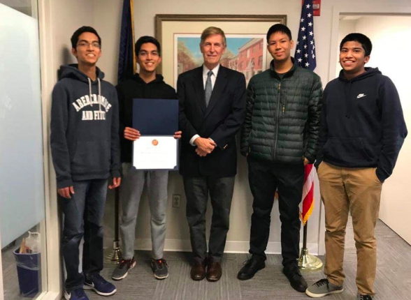 From left to right, Sagar Gupta, Sahil Gupta, Rep. Donald Beyer, Autin Mitra, Sumanth Ratna pose with Rep. Don Beyer, representative for Virginia's 8th Congressional District. “Representative Beyer was welcoming and it was a once in a lifetime experience,” Sagar said.